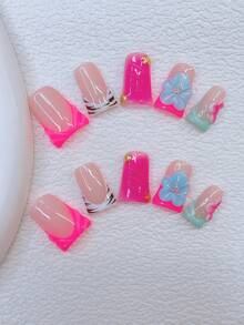 10片装Y2K风鸭嘴美甲贴片套装 - 手工制作，粉色美甲，蓝色美甲，蓝粉法式美甲，手工3D花朵，3D蓝粉花朵美甲，手绘斑马纹和3D水滴图案设计手工美甲贴片 - 彩色 - 查看 12