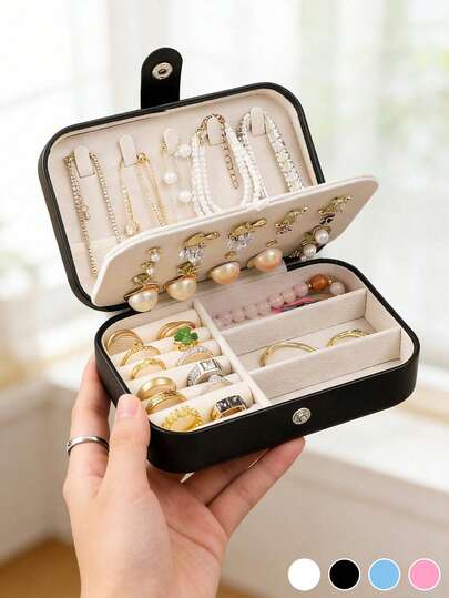 1个PU皮革首饰收纳盒，按扣式首饰整理盒，适用于戒指、吊坠、耳环、项链、手链等，多功能首饰耳环戒指收纳盒，便携式皮革首饰盒，旅行必备小巧首饰整理盒，适合收纳耳环、戒指、项链、手链，可爱化妆包，项链首饰盒