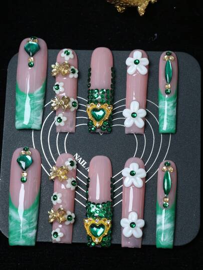 CrystalHola Handmade Coffin-Shaped Nails, Y2K Style Nails, Spring/Summer, Blue & White Color With French Tips, Hand-Carved Flowers, Rhinestones, Ombre, Hearts, Bows, Pure Handmade Nails Suitable For Women & Girls, 10 Pieces/Set 3 Sizes, Fit For Parties, Weddings, Daily Wear, Includes Tools, Great Gift For Ladies' Nail Supplies.