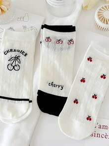 4 Pairs Women Cherry Stripe Short Socks Invisible Ice Silk Hollow Crew Socks, Korean Version, Suitable For Summer - Multicolor - View 2