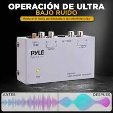Pyle - Preamplificador Phono Tocadiscos: minipreamplificador de fonógrafo estéreo de audio electrónico con entrada RCA salida RCA y funcionamiento con bajo nivel de ruido alimentado por un adaptador de corriente continua de 12 voltios PP444 - gris - Ver 6