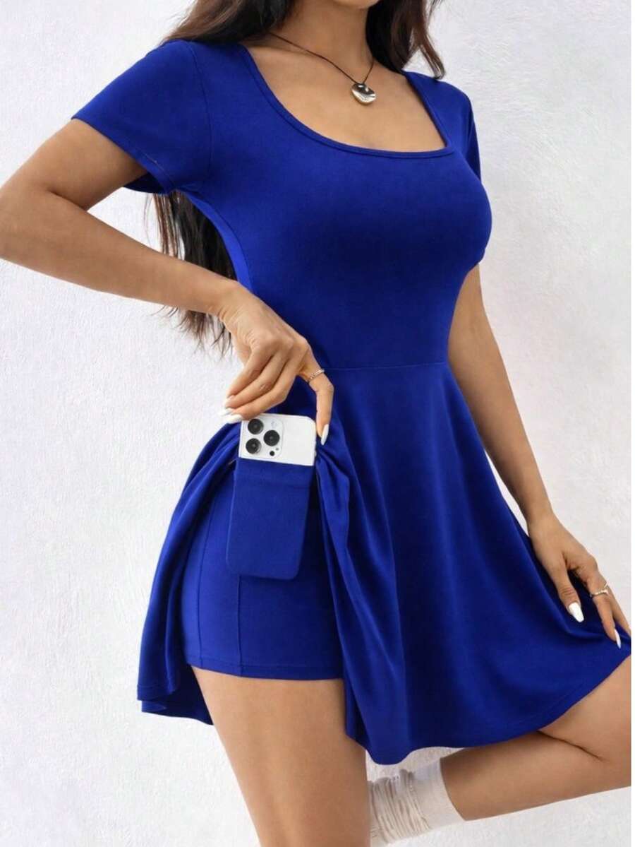 Woman Black Square Neck Skater Mini Dress – Short Sleeve Fit And Flare Style - Royal Blue - View 1