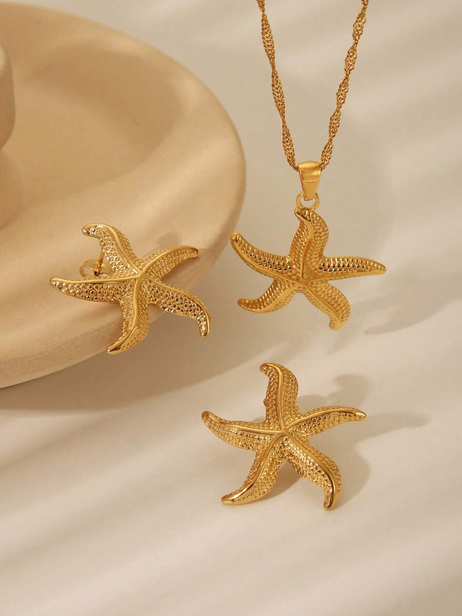 3件套18K镀金不锈钢首饰套装，夏季风尚 - 醒目轻盈的海星设计，防水耳环和项链套装，适合日常佩戴、度假和休闲海滩场合