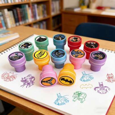 12pcs/1set Batman Cartoon Stamps Demonhunters Toys Embossing Set, Collector's Grade Fan Merchandise, Portable Travel Handmade Toys, School Supplies, And , Boys And Girls Toys, Classroom Rewards, Birthday Gifts, Party Favors, Easter Gifts, Halloween Gifts, Game Prizes, Ink Pad Set