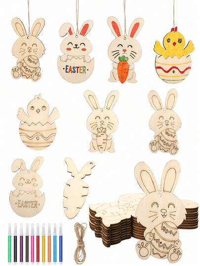 36pcs Easter Wooden Eggs Set, Including 12 Ropes, 12 Wooden Decorations And 12 Watercolor Pens, Suitable For Creative Decoration, Classic Easter Decor And Holiday Hanging Ornaments, Great For Spring Festival Parties And Family Gifts
