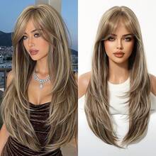 TOPSHE 24-Inch Blonde Highlight Multi-Layered Naturally Curved Center Part Wig, Synthetic Heat-Resistant Ladies Wig, Suitable For Holidays, Travel, Masquerade Balls, Parties, Daily Wear, Music Festivals, Wedding Seasons, Holiday Gifts,Wedding Music Festival - Blonde Highlight - View 2