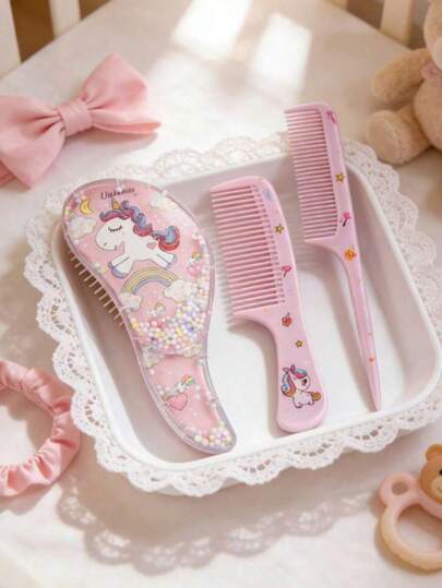 Set de 3 peines con diseño de dibujos animados, Set de 3 peines con estampado de unicornio para niños, Cepillo de pelo con peine de cola de dibujos animados