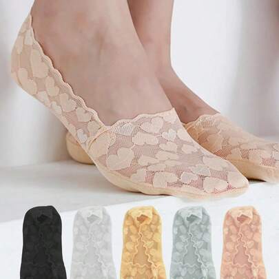 Women Summer Socks Lace Heart Sock Antiskid Invisible Shallow Mouth Thin Boat Socks