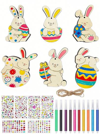 38pcs Wooden Easter Bunny & Egg Craft Kit, Includes 12 Ropes, 12 Wooden Pieces, 12 Watercolor Pens, 2 Packs Of Random Diamond Stickers, Suitable For Arts & Crafts, Classic Easter Decor And Holiday Pendant Or Hanging Ornaments, Traditional Easter Handicraft