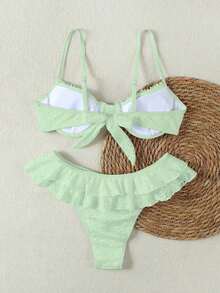 Women's Green Hollow Out Double Ruffle Trim Bikini Swimsuit Set, Sweet & Sexy Beach Vacation 2 Pieces Swimwear, Summer - Green - View 5