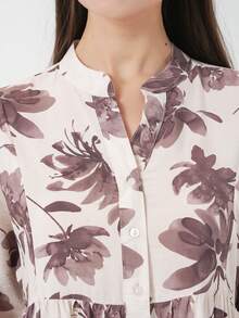 Women's Bohemian Style Pink Ditsy Floral Button Down Long Sleeve A-Line Dress - Brown - View 2