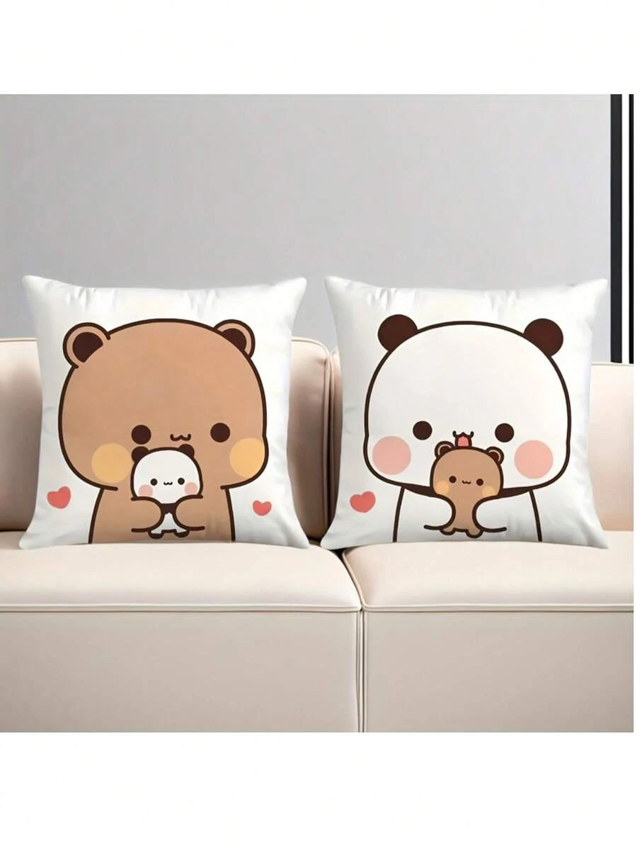 2pcs Cute Bubu & Dudu Panda Velvet Cushion Cover - Adorable Cartoon Couple Design, Text, Multiple Sizes, Valentine's Day Gift, Comfortable Square Pillow Case, Suitable For Home Decor, Machine Washable, Zipper Closure - Multicolor - View 1