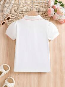 青少女夏季短袖t恤,有學院風愛心刺繡圖案 - 白色 - 查看 2