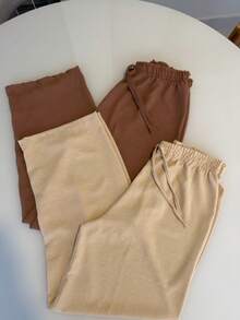 Set Of 2 Women's Pants Duna Wide-Leg Pants Set Wide-Leg Pants High Waist Elastic Waistband Premium Duna Fabric Wrinkle-Resistant Shrink-Resistant Loose-Fitting Pants One Size Elegant Work Look Versatile Piece Fashionable For Summer Winter Spring Autumn Comfort And Style All Seasons Superior Quality - 棕色/米色 - 查看 5