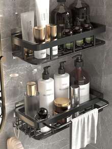 1/2pcs Wall Mounted Bathroom Shelf - No Drilling Required, Space-Saving Adhesive Storage Rack For Shampoo, Conditioner Etc., Drainage Design, Bathroom Storage Solution, Modern Bathroom Shelf, Durable Plastic Rack, Bathroom Organizer - Multicolor - View 1