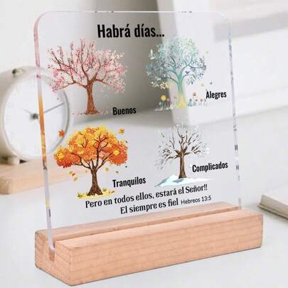 1 PIEZA Regalo cristiano inspirador, decoración de mesa acrílica en español, placa con versículo bíblico, diseño con patrón de árbol de las cuatro estaciones, regalo de Pascua, regalo religioso para familiares, amigos y creyentes cristianos, decoración para el hogar, la iglesia, la oficina, la sala de estar, escritorio de oficina, suministros de oficina, decoración de oficina, accesorios de escritorio, accesorios de oficina