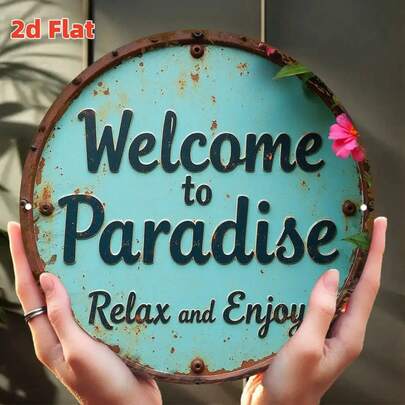 Vintage Turquoise "Welcome To Paradise" Metal Wall Decor - Round Hanging Ornament, Creates Relaxed Tropical Ambiance, Suitable For Pool Side, Garden, Living Room Of Coastal Farmhouse Decor - Durable Aluminum Indoor/Outdoor Art Piece - Housewarming, Birthday, Holiday Gift - Coastal Home Decor, 2D Flat Design, Perfectly Fits Room Decor, 2D Flat Style