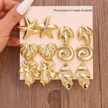 6 Pairs Of European And American Asymmetrical Geometric Gold Earrings Set For Women, Vintage Minimalist Style With Starfish, Heart, And Maple Leaf Elements, Suitable For Daily, Festival, Date, Party Occasions, Also A High-Quality Gift For Friends And Mothers - Gold 1 - View 4