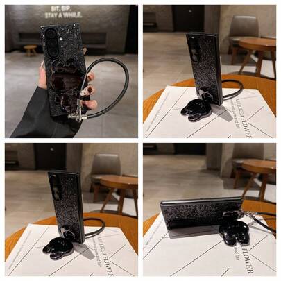 1个黑色外壳，黑色，带闪光兔子支架、腕带，保护手机壳，适用于三星Galaxy Z Fold 7、Galaxy Z Fold 6、Galaxy Z Fold 5、Galaxy Z Fold 4