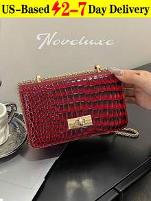 Quilted Diamond Chain Shoulder Bag, Small Square Crossbody Bag, Glossy PU Material, Chain Strap, Metal Lock Clasp Decor - Burgundy - View 2