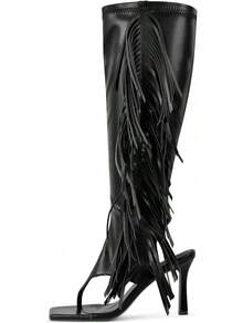 Thong-Style Knee-High Boots With Fringe - Women's Stiletto Heels, Square Toe & Zip Detail, Bold Party Look - Black - View 1