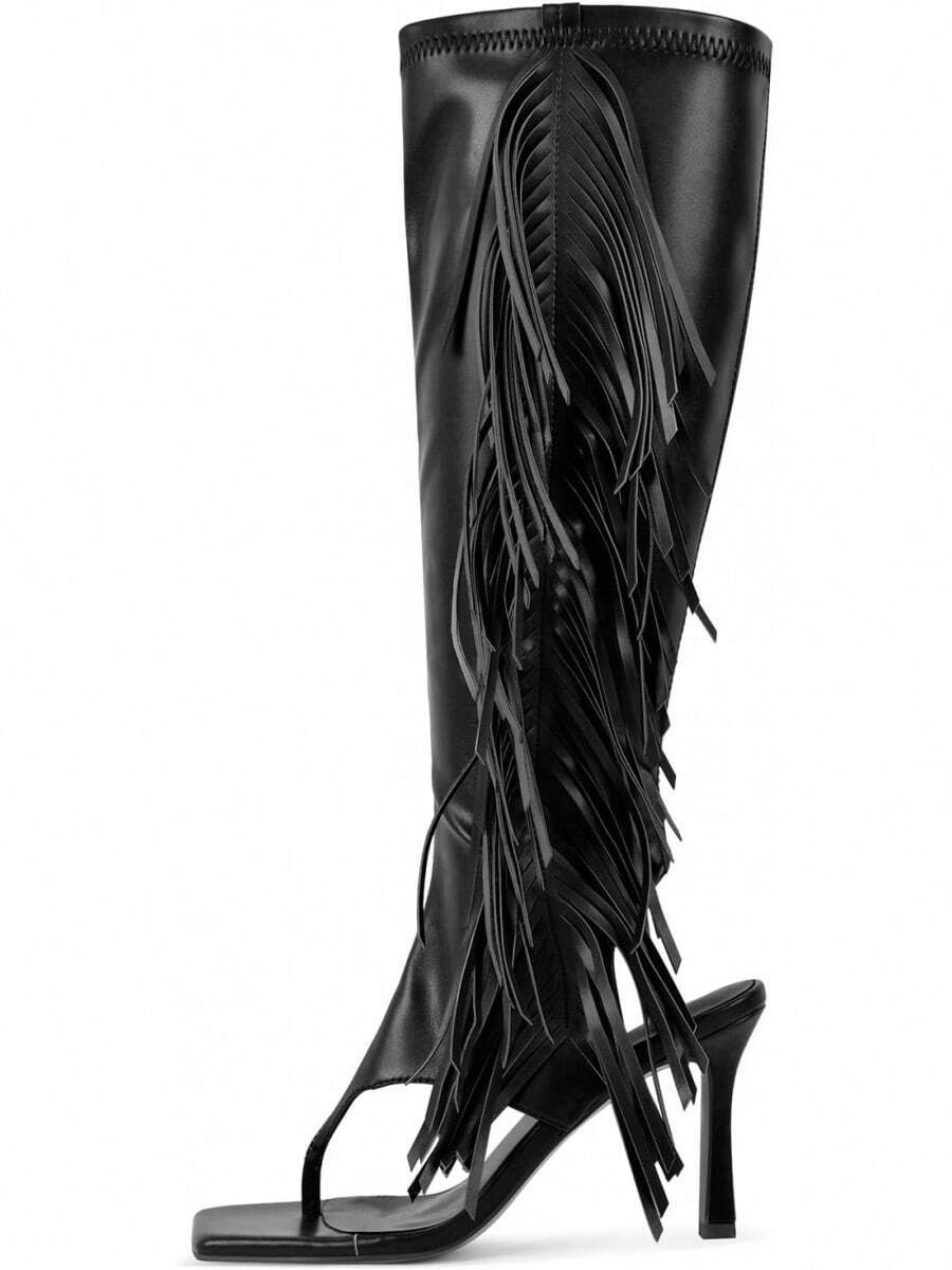 Thong-Style Knee-High Boots With Fringe - Women's Stiletto Heels, Square Toe & Zip Detail, Bold Party Look - Black - View 1