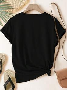 Camiseta De Manga Corta Con Cuello Redondo Y Estampado De Conejito De Pascua Retro Para Mujer | Primavera/Verano/Otoño, Tejido Elástico Medio, Tallas S-Xxl - [Oscuro] - Ver 2