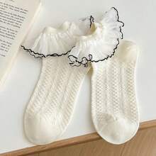 1 Pair Women's White Princess Short Socks, Lolita Style Socks, Thin Fashionable Knee-High Socks With Bow, Summer - White - View 5