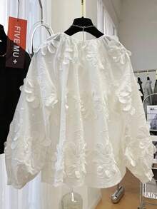 早春新款3D立体花卉装饰长袖衬衫，宽松休闲女式上衣 白色 - 白色 - 查看 2