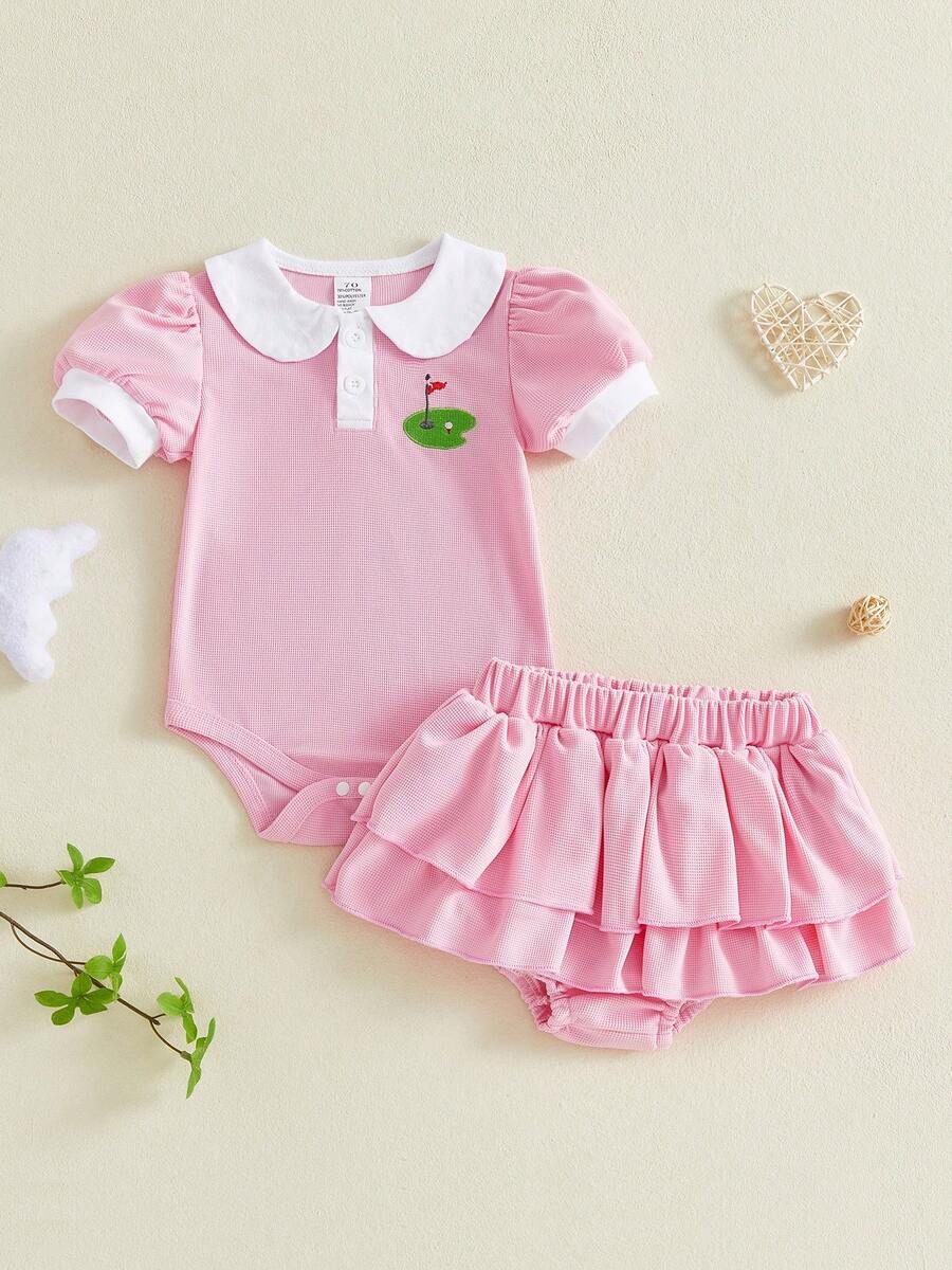 Conjuntos de shorts de verano para bebés niñas, manga corta, cuello de muñeca, pelele bordado estilo golf, shorts de PP escalonados. - Rosa - Ver 1