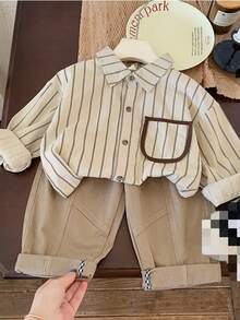 Young Boy Casual Vertical Striped Long Sleeve Shirt - Apricot - View 3