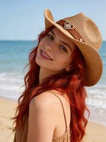 1pc Unisex Wide Brim Straw Hat With Sun Protection Function. Detachable Heart-Shaped Decorative Ribbon, Designed As A Western Cowboy Hat/Cowboy Cap For Summer Beach Use With Sun Protection. Sturdy And Durable Structure, Easy To Fold. - Heart-shaped Pearl Straw Hat - View 3
