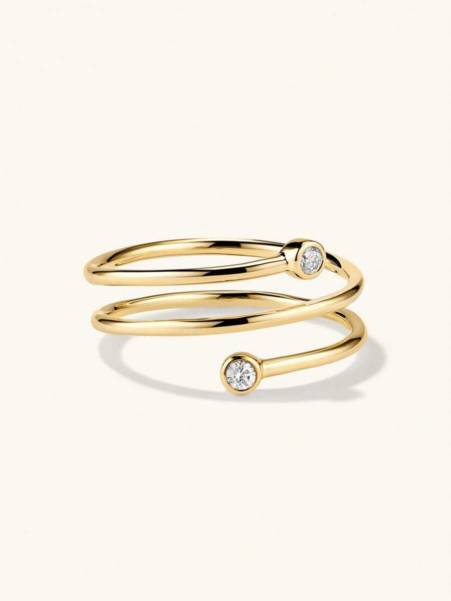 925纯银镀18K金奢华独特设计锆石双叶开口戒指，女士款 - 鋯環 - 查看 1