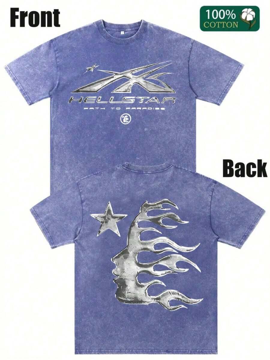 Men's Printed Pattern Washed T-Shirt - Casual Loose Summer T-Shirt With Star And Flame Design, Adult Brown 100% Pure Cotton Round Neck Shirt, Breathable T-Shirt | Avant-Garde Casual Wear | 100% Pure Cotton Printed T-Shirt - 寶藍色 - 查看 1