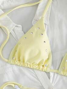 2pcs Women's Solid Color Bikini Set, Triangle Top And Tie-Side Bottom With Metal Decor, Summer Beach Swimwear - Yellow - View 6