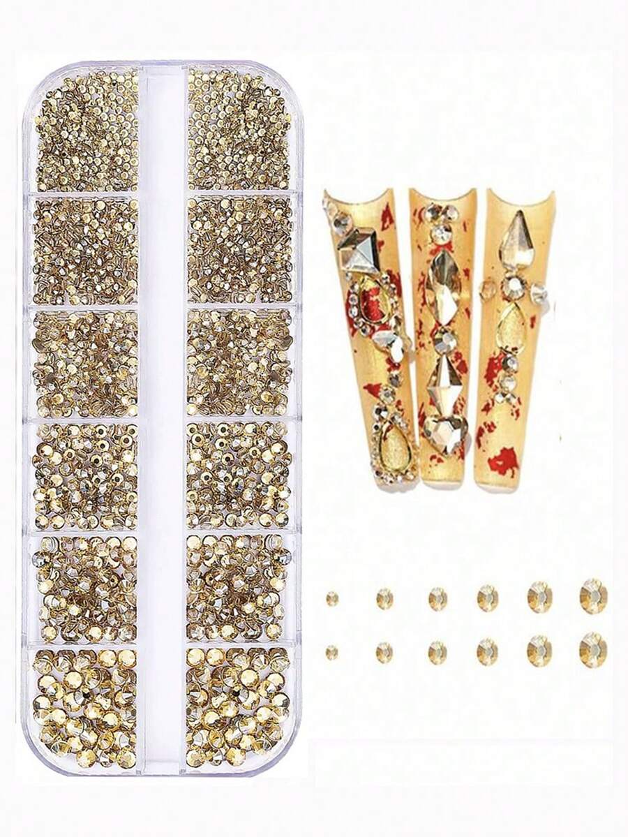 12格美甲水钻 3D美甲水晶水钻贴纸 2mm-6mm美甲宝石 各种形状 用于美甲和DIY装饰，1盒平底美甲水钻吊坠 适用于亚克力指甲