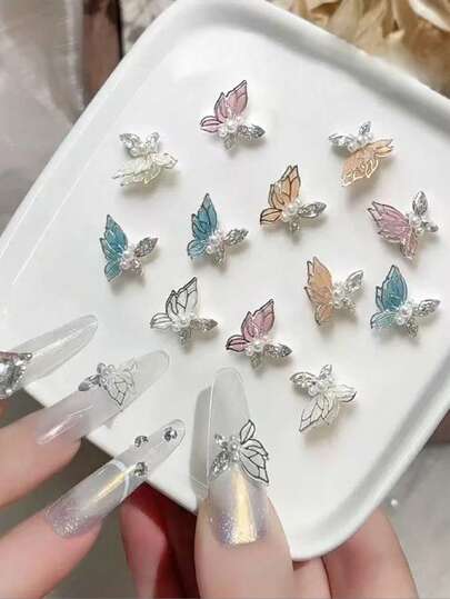 3pcs Pearl Zirconia Butterfly Nail Art Charms,3D Double-Layer Thin-Wing FiligreeButterfly Nail Decorations For DIY Nail Art,Nail Supplies, Nail Decoration Accessories