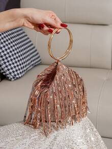 Fashionable & Elegant Rhinestone Tassel Decor Handbag, Evening Clutch - Champagne - View 6