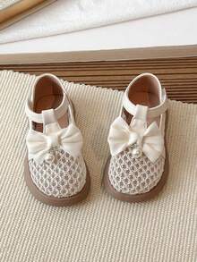 1 Pair Girls' Shoes, Children's Bowknot Hollow-Out Princess Shoes, Versatile Little White Shoes, Toddler Hook And Loop Performance Shoes - Beige - View 3