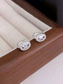 BALMORA 1 Pair Women's Elegant Fashion Geometric Oval Zirconia S925 Sterling Silver Earrings, Everyday Jewelry Gift - Silver - View 6