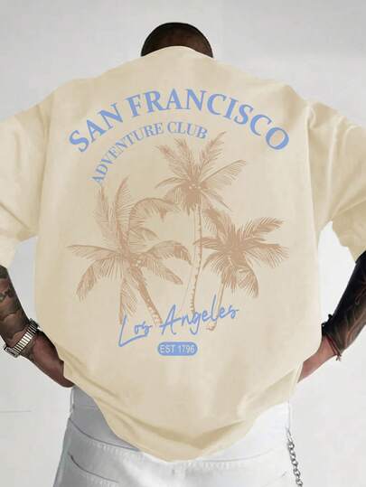 Herrtröja med kortärmad tryck och kaliforniska kustelement i avslappnad semesterstil, lämplig för sommarkläder, bekväm och andningsbar, ledande mode