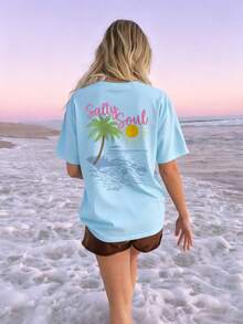 SALTY SOUL Women's Spring/Summer New Coconut Tree Print Casual Round Neck Short Sleeve T-Shirt, Fashion, Essential For Daily And Vacation Wear - Baby Blue - View 7