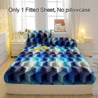 1pc Breathable Fitted Sheet With Stacking Block Pattern, Soft & Comfortable Mattress Protector For Bedroom, Guest Room And Dorm, Bedding Mattress Cover (Pillow Case Not Included)