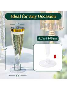 Bộ 5/10/20/25/30/50/100 chiếc, ly sâm panh thủy tinh trong suốt viền vàng, dung tích 4.5 oz, có thể tái sử dụng, bền và sang trọng, thích hợp cho đám cưới, tiệc cocktail, lễ hội, Giáng sinh và Năm mới. - Xem 3