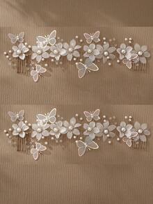 1/2 件装 Fairycore 蝴蝶花朵装饰发梳，优雅仿珍珠流苏婚礼发饰，浪漫新娘头饰，派对及摄影道具 - 金色 - 查看 11