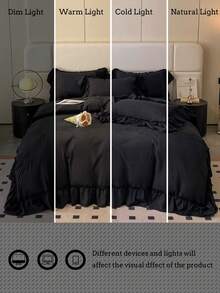 3pcs Solid Color Ruffled Soft & Comfortable Duvet Cover Set (1*Duvet Cover + 2*Pillowcases), Suitable For Bedroom And Guest Room - Black - View 7