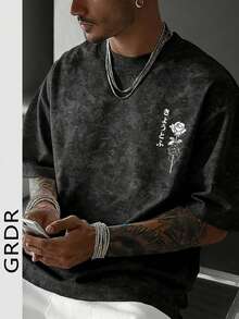 GRDR Men's Japanese Rose Print Washed Short Sleeve T-Shirt, Comfortable & Breathable For Summer Wear - Grey - View 3