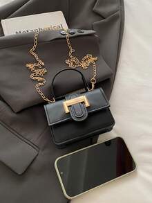 Mini Fashion Handbag, Chain Shoulder Bag, Chic Versatile Small Square Bag, Textured Hand Carry Purse, Mini Lipstick Bag - Black - View 4