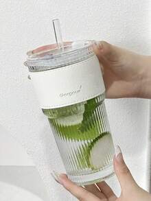 1 pieza Taza de café de vidrio con rayas simples y pajita, botella de agua - transparente - Ver 7