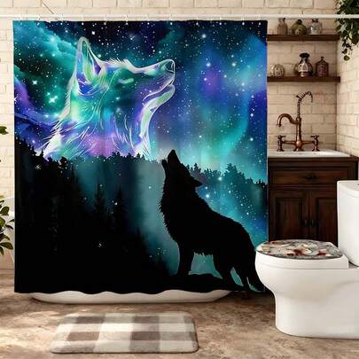 "Aurora Wolf Howling Shower Curtain, Silhouette Wolf With Colorful Northern Lights Starry Sky Pattern Waterproof Polyester Curtain Set With 12 Hooks, Mystical Wildlife Themed Bathroom Decor, Fantasy Art Home Restroom Decoration Gift For Nature & Wolf Lovers"
